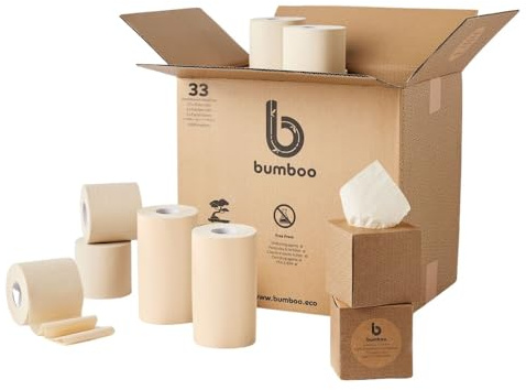 Bumboo Bamboo Unbleached Toilet Roll, Kitchen Towel & Face Tissue 33 Pack | 27 x 3 ply Toilet Paper| 3 x 2 ply Kitchen Towels | 3 x Facial Tissue Cubes
