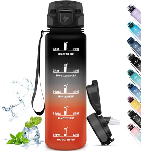 Grsta Botella Agua Gimnasio con Pajita, Botella Agua 1 Litro, Fácil de Limpiar, Cantimplora Grande, Marca de Tiempo, Cantimplora Plastico Reutilizable para Senderismo, Yoga, Correr