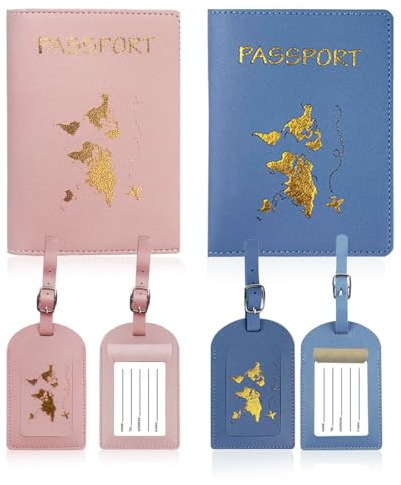 AUEFUDQ Funda Para Pasaporte, 4 Unidades, Soporte Para Pasaporte Y Etiquetas Para Equipaje, Piel Sintética, Para Tarjetas De Crédito, Documentos De Identidad Y Documentos De Viaje