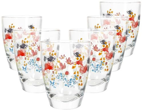 MamboCat Marie Lot de 6 verres à eau, 220 ml, hauteur 10,5 cm, avec décor prairie florale pour 6 personnes, verre conique pour jus, soda, boissons gazeuses et autres
