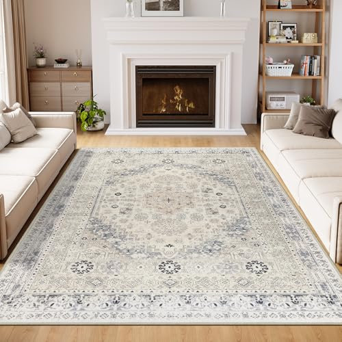 Capslpad Washable Rugs Living Room 160x230cm Distressed Vintage Area Rugs Non-Slip Traditional Oriental Bedroom Carpet Low Pile Thin Floor Mat Rug for Dining Room Kitchen Office Decor, Grey