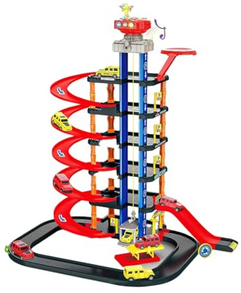 DIOXSTAR 85 PCS Parking Set, Spiral Track with Up to Six Levels, Helicopter, Vehicles and Additional Traffic Signals, Music and Lights, Interactive & Educational Toy
