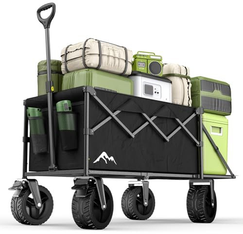 Bollerwagen Faltbar 300L mit Verstellbarer Heckklappe, 150 KG Belastbar, 10cm 360°-Schwenkbare All-Terrain-Räder & Doppelbremsen, Verstellbarer Griff & 2 Netztaschen,Strand/Wanderung/Camping/Einkauf