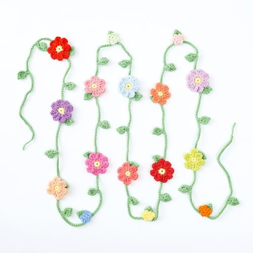 Handmade Crochet Flower Garland, Knitting Wool Spring Bunting Floral Ornaments, Colorful Flower Hanging Garland for Boho 1st Birthday Party Supplies, Nursery, Bedroom, Fireplace, Home Wall Décor