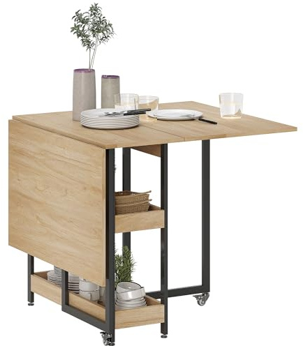 HOMCOM Table à Manger Pliante, Table Pliante Cuisine rectangulaire Extensible sur roulettes jusqu'à 4 Personnes avec Compartiments Ouverts, pour Petits espaces, Salle à Manger, chêne