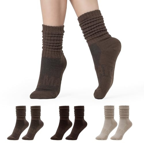 CoolMate Women's Scrunch Crew Socks, Slouchy Mid Calf Boot Socks, 3 Pairs Slouch Socks, US Size 6-10 (US, Numeric, 6, 10, Regular, Regular, 3 Pairs Brown/Light Brown/Beige)