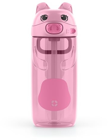 Ello Ellies 16oz Plastic Kids Water Bottle with Straw and Built-in Carrying Handle and Leak-Proof Locking Lid for School backpack, Lunchbox and Outdoor Sports, Pig