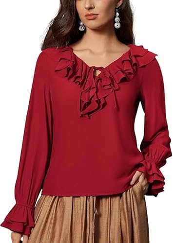SCARLET Dark dam medeltida blus lång puffärmar topp V-hals snörning volangblus, Vinröd, M