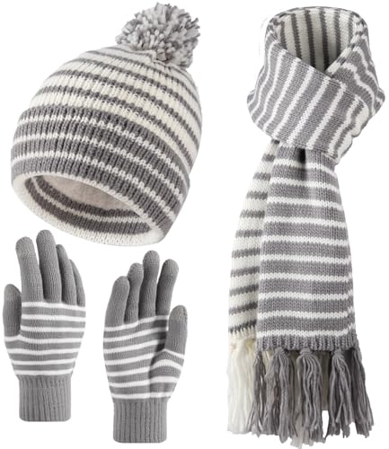Bodvera Winter Beanie Hat Scarf Gloves Set for Women Warm Fleece Knit Pompom Hat Long Scarf Touchscreen Gloves Winter Sets