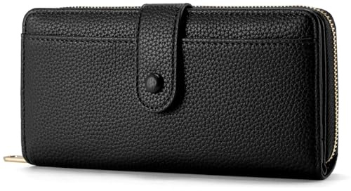 ANYWN Geldbörse Damen Portemonnaie Damen groß aus glattem und weichem Synthetikleder, Geldbeutel im Langformat mit Reißverschluss und Druckknopf, Portmonee Damen mit viele Fächer Schwarz