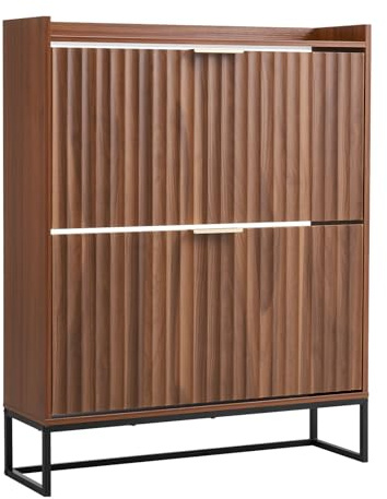 VEVOR Meuble à Chaussures avec 2 tiroirs rabattables, Armoire de Rangement cannelé à Chaussures de Style Milieu de siècle avec Dispositif Anti-basculement, pour entrée, Couloir, Chambre, Salon, Noyer