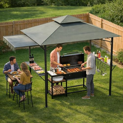 Soontrans Cenador para barbacoa con techo lateral, 2 estantes laterales y 5 ganchos, zona de barbacoa cubierta para jardín, ignífugo, doble ahumado, 244 x 151 x 260 cm, cenador de estructura de acero