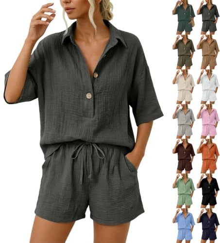 Linen Co Rrd Sets for Women 2 Piece Set Outfit V Neck Button Short Sleeve Shirt & Drawstring Shorts Solid Colour Ladies Soft Casual Loungewear Travel Outfit Airport Set Breathable Causal Loungewear