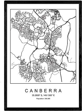 Nacnic Stampa Mappa della Città Stile scandinavo Canberra in Bianco e Nero. Fotogramma A4 Carta Stampata No 250 gr. Dipinti, Stampe e manifesti per Soggiorno e Camera da Letto