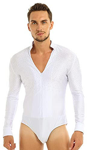 MSemis Herren Langarm Body Latein Hemd Jazz Tango Glitzer Shiny Tanz Kostüm Freizeit Hemd mit Reißverschluss Stretch Bodysuit Turnanzug Weiß M