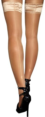 sofsy Italian Classic Backseam Nude Thigh High Stockings - 20 Den Sheer Designer Patterned Anti-Skid Hold-Up Nylons | Silky Soft Natural Seamed M/L
