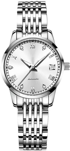RORIOS Orologio automatico da donna con numeri romani e cinturino in acciaio inossidabile alla moda impermeabile meccanica, argento B, cinturino, argento b, Bracciale