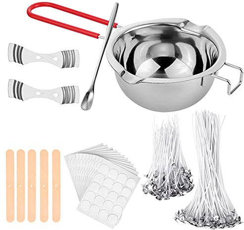 UIHOL Kerzenherstellung Zubehör Set, 200 Kerzendocht DIY, 400ml Edelstahl Schmelztopf, 1 Löffel, 2 Metallkerzendochte Festen Halter +5 Kerzendochthalter aus Holz, 240 Kerzedochte Aufkleber