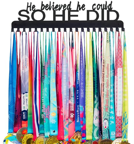 Goutoports Medal Holder Display Hanger Rack Frame for Sport Race Runner - He Believed He Could - Sturdy Black Steel Metal Over 60 Medals Easy to Install