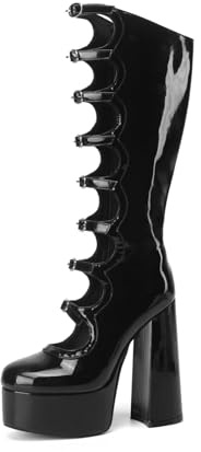Frankie Hsu Gotico Lolita Donna Grande Dimensione Fibbia Cinturino Nero Vernice Piattaforma Chunky Block Stivali Tacco Alto, nero, 37 EU