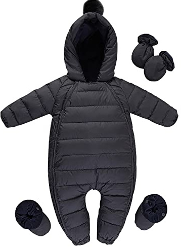 amropi Traje de Nieve para Bebé Mono con Capucha Chaqueta Abrigo de Invierno Mameluco Negro,12-18 Meses