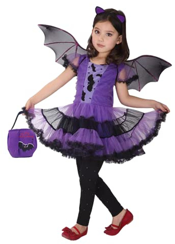 Déguisement générique de chauve-souris pour fille, déguisement de sorcière, cosplay, déguisement avec jupon, pour enfants (7-9 ans, chauve-souris violette)