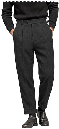 AeoTeokey Men's Suit Pant Herringbone Tweed Dress Vintage Trousers Casual Thick Wool Pleated Front