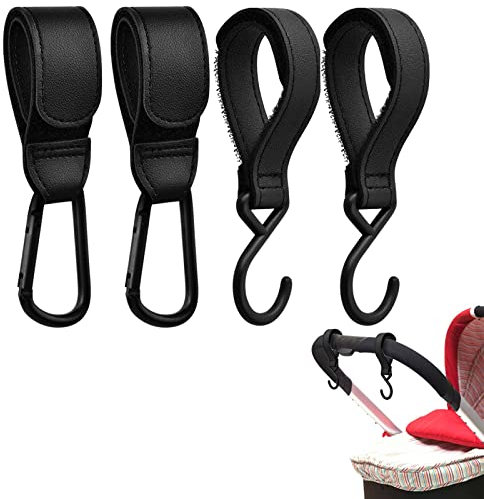 Laughhe 4 Stück Kinderwagen Haken für Taschen, Leder karabiner Kinderwagen Haken,Buggy-Clips Träger Kinderwagen Haken für EinkaufsTaschen Windel Taschen und Handtaschen, Kinderwagen Zubehör