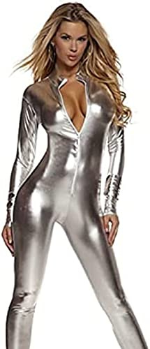 Body De Manga Larga Brillante Para Mujer, Lencería Con Cierre De Cremallera Para Fiesta Nocturna, Catsuit Sexy Con Efecto Mojado,Plata,XS