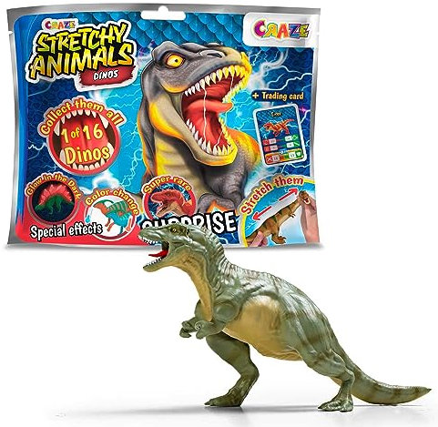 CRAZE Stretchy Animals Dinos Figure di dinosauri con pelle elastica, imbottitura speciale, effetti cromatici e carte gioco, 16 modelli da collezionare