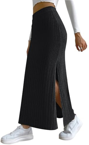 tinbarry Gonna in Maglia Donna Maxi Gonna Fessura Vita Alta Gonne Lunghe Trapezio Elegante Gonna Casual in Maglia Costine Gonna Aderente Elasticizzata Gonne Basic Lavorate Maglia Casual