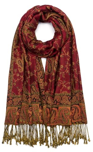 QIUTIMIY Paisley Pashmina Shawl Wrap Women Reversible Vintage Jacquard Pashmina Rave Scarf with Fringe for Evening, Wedding(Flower1-Wine Red)