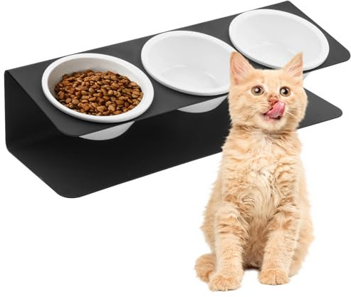 PTJJXA 3er Set Katzennapf Erhöht mit Ständer – 15° Neigung, 250ml Keramik-Schalen für Katze Hund, Anti-Schling & Anti-Erbrechen Design – für Trocken Nassfutter & Wasser