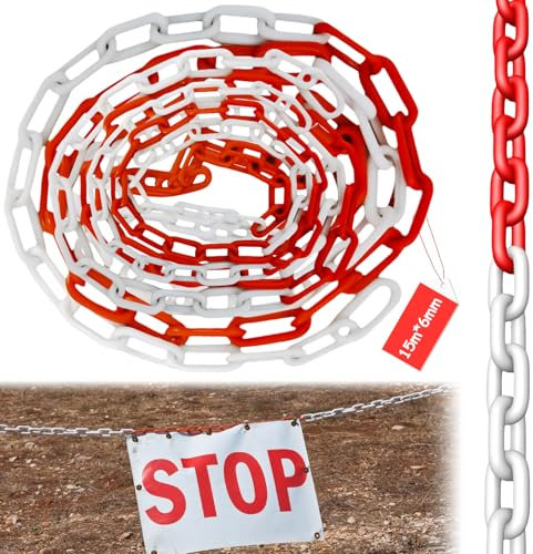 Chaîne de signalisation, en plastique, rouge, blanc, 15 m x 6 mm, pour la sécurité d'avertissement, de parking, de construction, de surfaces