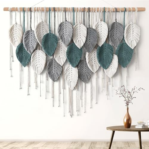Weldomcor Tapiz de macramé grande para colgar en la pared, decoración bohemia hecha a mano con hojas tejidas bohemias, decoración moderna y elegante para dormitorio, sala de estar, guardería, oficina