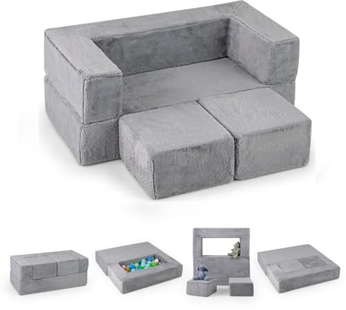 GOPLUS Modulär barnsoffa, barnstol med armstöd, vikbar barnsoffa med tvättbart överdrag, barnmöbler perfekt för barnrum, lekrum och sovrum, grå