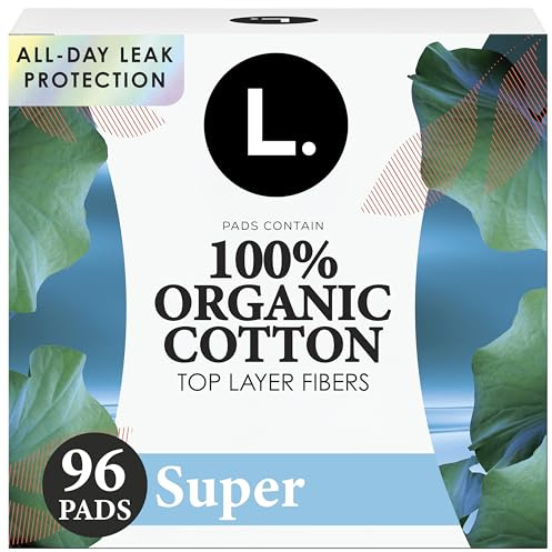 L. Ultra Thin Pads for Women, Super Absorbency, Organic Cotton Top Layer, Unscented Pads with Wings, 96 Count (4 Packs of 24)