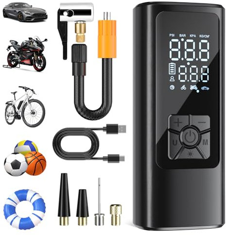 HOVVIDA Tyre Inflator Portable Air Compressor, Cordless Car Tyre Inflator 150 PSI (10.3 Bar) 5V, Fast Inflation, Auto Shut-Off, 5200 mAh, LED, as Power Bank, for Car, Motorcycle, Bike, Ball
