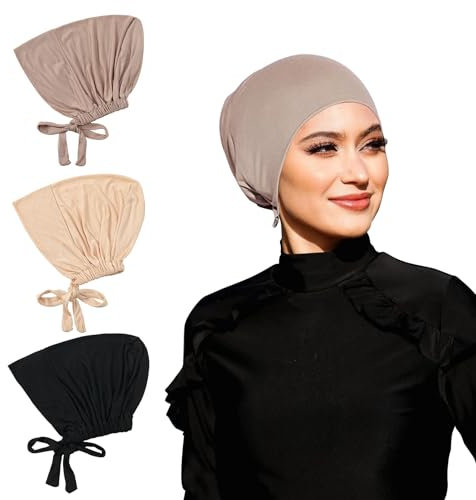 3 Stück Hijab Undercap, Kopftuch für Damen, Turban Elastische, Islamische Muslimische Unterschal Hijab mit Tie Back, Chemo Kopfbedeckung Atmungsaktive Schlafhaube