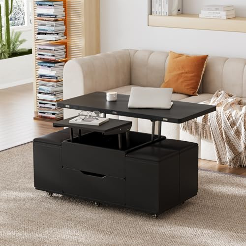 Homary Lift-up Coffee Table with Storage, Extendable Coffee Table to Dining Table with Stools and Drawers, Wooden Tea Table Black for Living Room, Transformer table Space-Saving Design