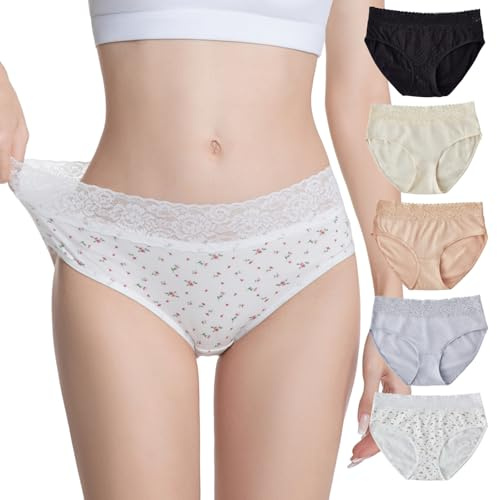 Leduofour Cotton Underwear for Women Bikini Panties Lace Hipster Panty Ladies Stretch Breathable Briefs Pack (US, Alpha, Large, Regular, Regular, Mixed Colour-B)