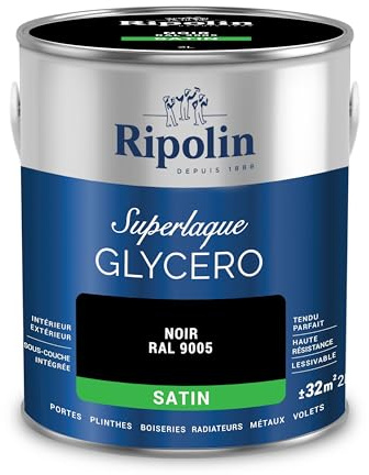 RIPOLIN - Peinture Laque Glycéro Intérieure/Extérieure - Boiseries et Structures Métalliques - Résistance Accrue - Durabilité Remarquable - Noir Ral 9005 - Satin - 2L