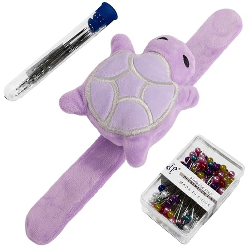 Turtle-Shaped Wrist Pin Cushion for Sewing, Snap Bracelet Wrist Bands Pincushion Organizer for Pins and Needles Include 80 Pearl Ballhead Pins and 18 Sewing Needles, Purple