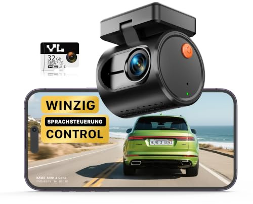 KAWA Cámara para Coche Mini 2K con Control por Voz y WiFi | 1296P QHD, G-Sensor, 32GB TF Gratis, App, WDR/DNR, Súper Visión Nocturna, 24h Park