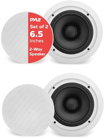 Pyle 6.5” 70v Ceiling Mount Speakers-Pair of 2-Way Midbass Woofer Speaker Transformer 1” Titanium Dome Tweeter Wall Flush Design w/ 65Hz-22kHz Frequency Response&250 Watts Peak-Pyle PDIC60T,White