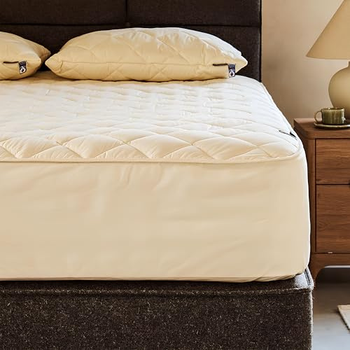 Woolroom Deluxe Double Bed Mattress Protector Quilted 35cm Fitted Skirt, Certified Anti Allergy Heat Regulating Bed Bug Dust Mite Proof Machine Wash 100% British Wool Organic Cotton, 30 Night Trial
