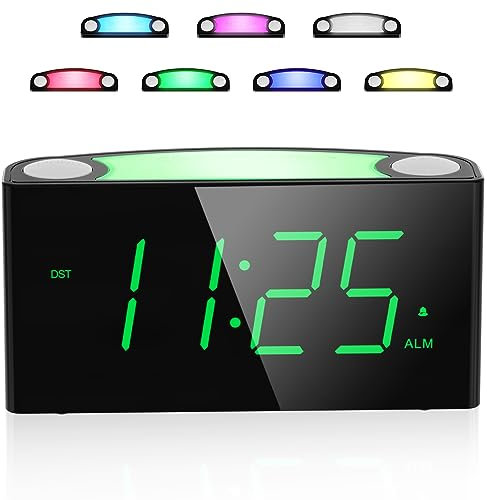 Mesqool Alarm Clock for Kids/Heavy Sleeper/Teens, Large Digital Clock with 7 LED Display & Full Range Dimmer, 7-Color Night Light, 2 USB Ports,12/24H, Plug-In & Battery Backup (Green)
