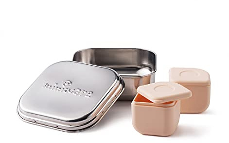 Miniware GrowBento Box and 2 Silipods | Durable 304 Stainless Steel Lunch Box and Leakproof Silicone Storage Containers Set | Grows from Baby Purees to School Lunches (Steel + Peach)