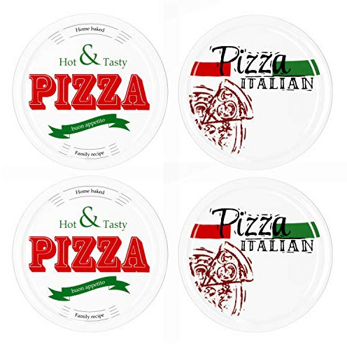 MamboCat 4-er Set Pizzateller Ø 30,5 cm Motive Pizza Italian + Hot & Tasty I große weiße Teller aus Steingut zum Anrichten für Pizza und Co oder als Steingutplatten zum Servieren von Wurst und Käse