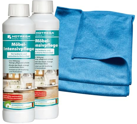 HOTREGA Möbel-Intensivpflege für Holzmöbel - 3-in-1 Reinigung, Pflege & Schutz, 2x 250 ml mit 2 Microfasertüchern
